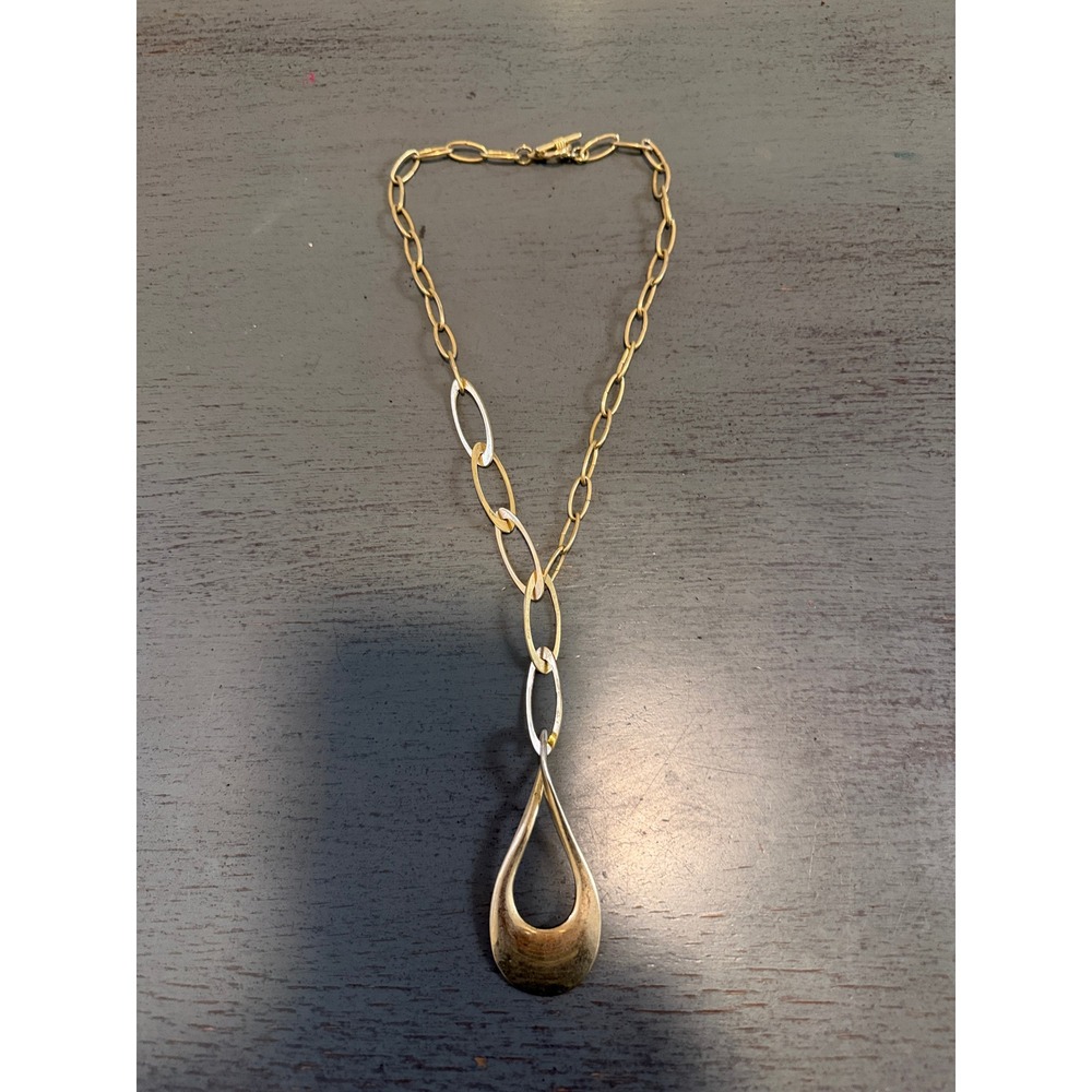 Gold Tone Open Teardrop Pendant Toggle Clasp Necklace Modernist Mixed Link Chain